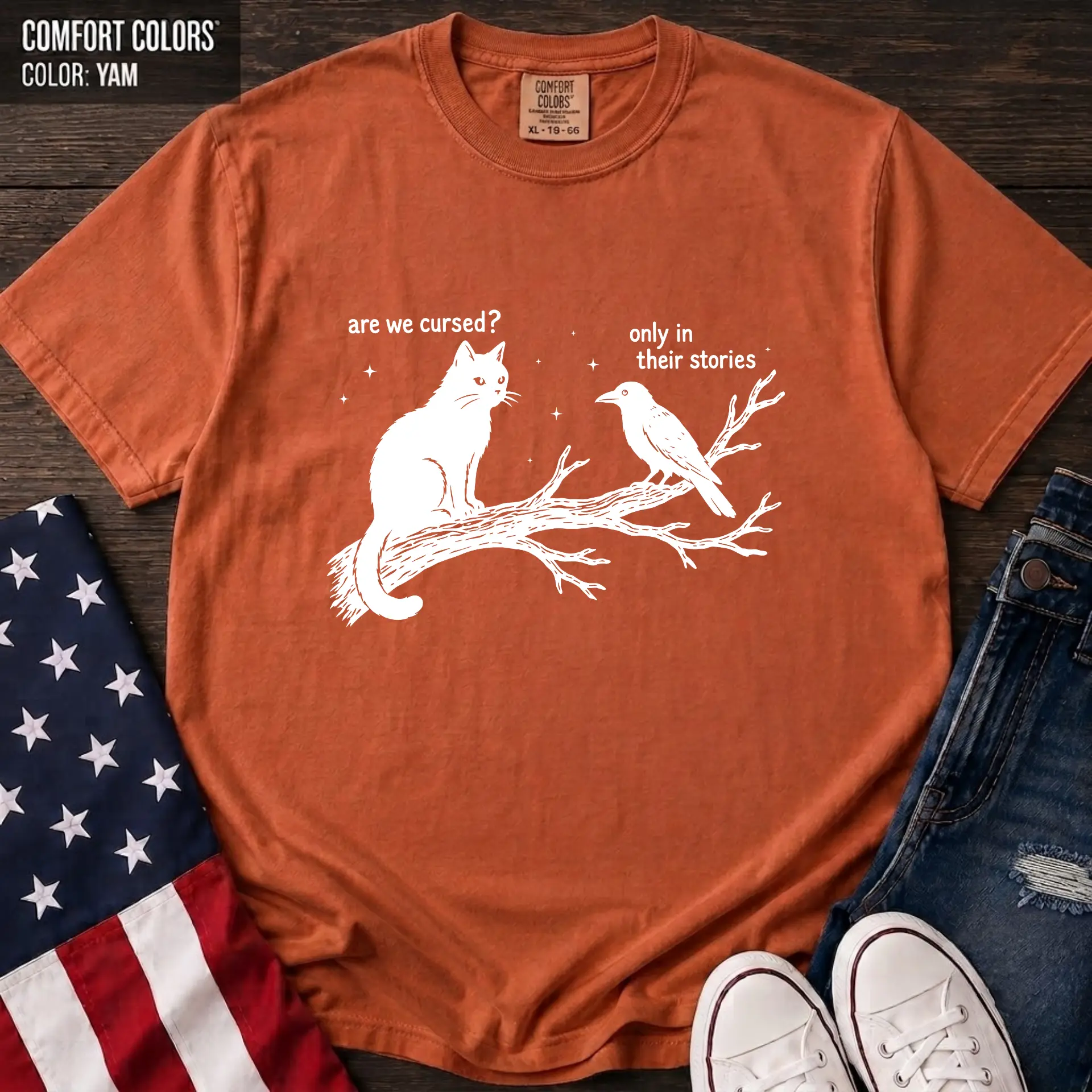 Comfort Colors Are We Cursed Shirt, Black Cat Raven Crow Branch T-Shirt, Spooky Halloween Autumn Graphic Tee, Gothic Witchy Gift - Century Cotton Co.