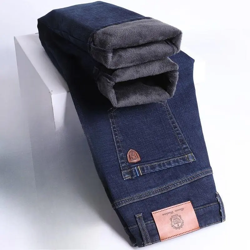 Men's Warm Jeans New Style Winter Classic Style Business Denim Casual Thicken Slim Fit Denim Pants Black Blue Elastic Trousers Men's Warm Jeans New Style Winter Classic Style Business Denim Casual Thicken Slim Fit Denim Pants Black Blue Elastic Trousers