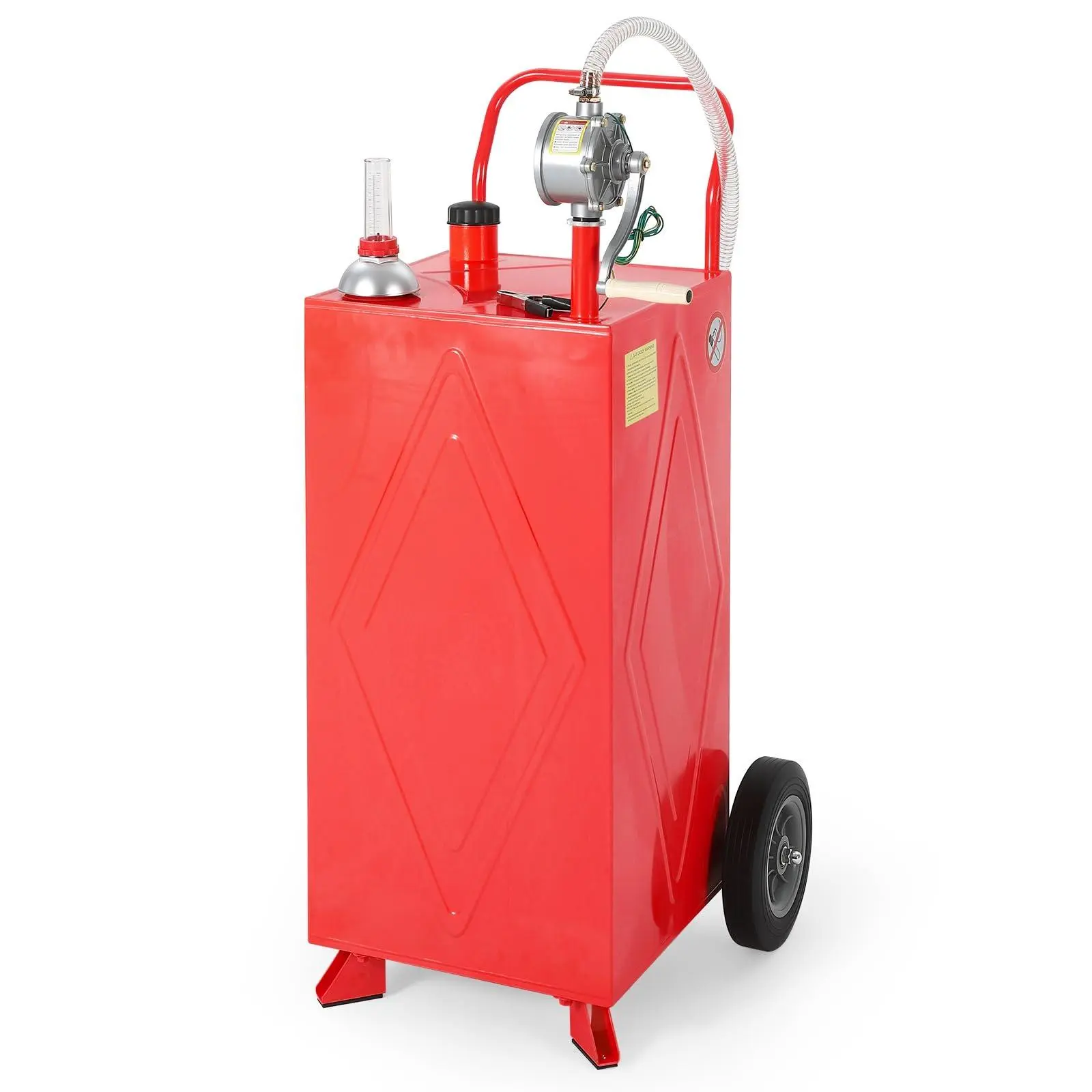 35 Gallon Fuel Gas Caddy Storage Tank, Portable Gas Caddy Fuel Transfer Tank with Wheels, Manual Rotary Pump, Hose, Wide Mouth Fill Port, Fuel Level Gauge, Mobile Gasoline Diesel Transfer Cart