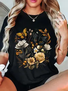 100% Cotton Unisex Vintage Pressed Flowers Butterflies Floral Boho Wildflowers T-Shirt Casual Top