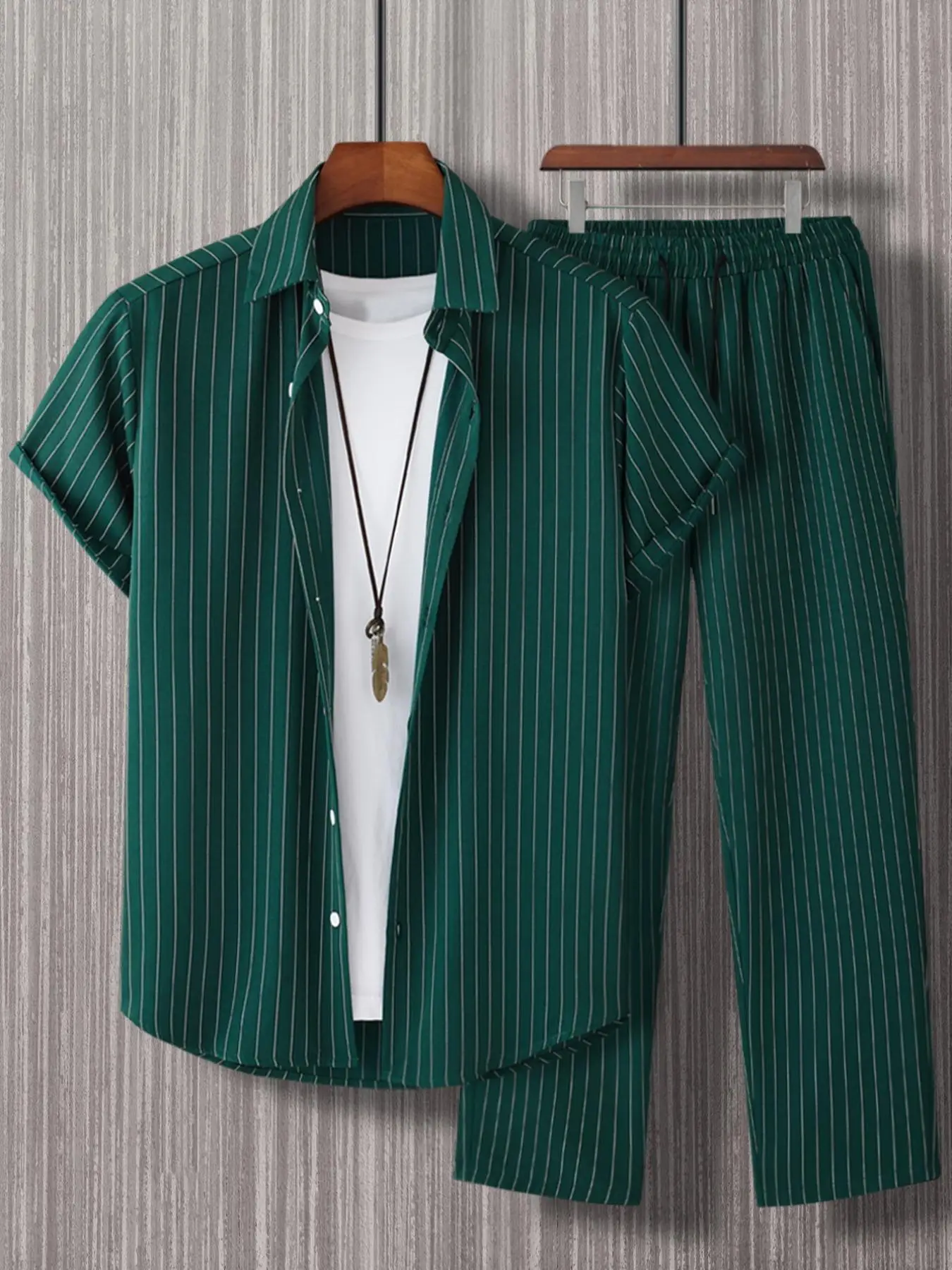 Two Counts Men's Striped Print Button Shirt & Drawstring Waist Pants Set, Casual Comfy Streetwear Short Sleeve Top & Straight Leg Trousers, Men's Desi