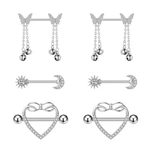 OIDEA Nipple Ring Set 14G 316L Stainless Steel Cubic Zirconia Rhinestone Diamond Heart Sun Moon Barbell Body Piercing Jewelry 3 Pair Silver