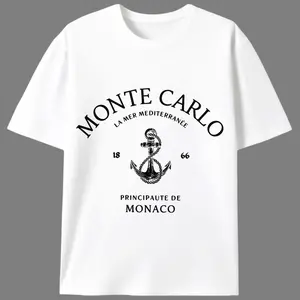 Men's Short-Sleeve Round Neck Cotton Knit Casual T-Shirt - Monte Carlo Monaco Nautical Anchor Print, Vintage Mediterranean Luxury Travel Menswear Apparel