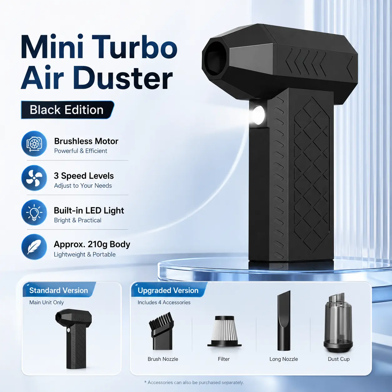 Slipuf Mini Turbo Air Duster for Car Interior Care, Powerful & Efficient High-Speed Electric Air Blower with Built-in LED Light, 3 Speed Levels Dust Cleaner, Lightweight & Portable Tool with Brush Nozzle Kit, Battery-Compatible Single Unit