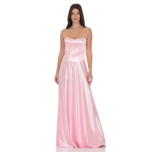 Satin Square Neck Maxi Dress in Pink