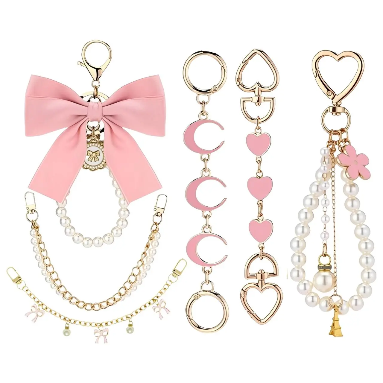 6PCS Cute Bag Chain Extension, Heart-Shaped Wallet Chain, Ribbon Bow Keychain, Stylish Bag Strap Extender, Handbag Accessory Pendant, Wallet Making, Suitable for Backpacks, Handbags,DIY Wallet Making