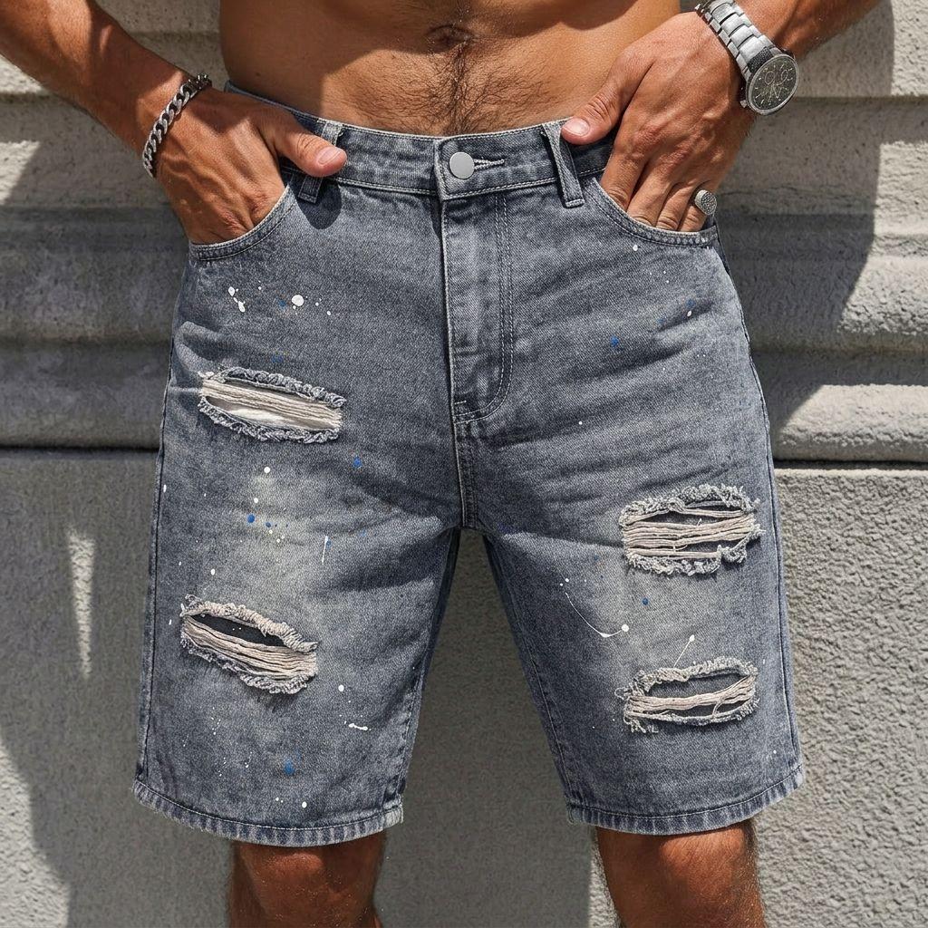 Men's Baggy Distressed Denim Shorts Paint Splatter Elastic Waist Mid Length Non-Stretch Casual Streetwear Jorts