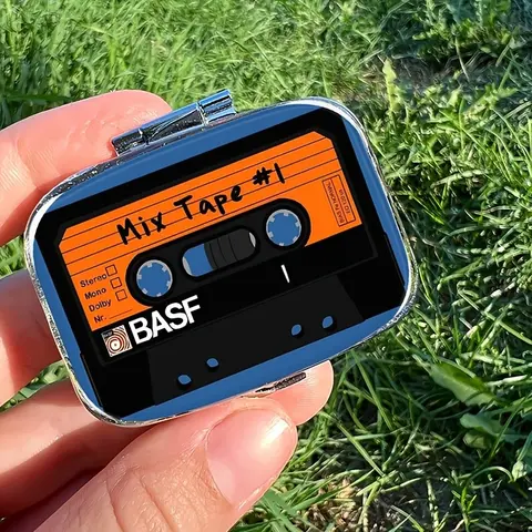 Retro Mix Tape Design Pill Case, 2-Compartment Portable Plastic Organiser for Daily Meds, Vitamins, Supplements, Vitamin Organizer, Vitamin Dispenser, Ideal Gift for Music Fans