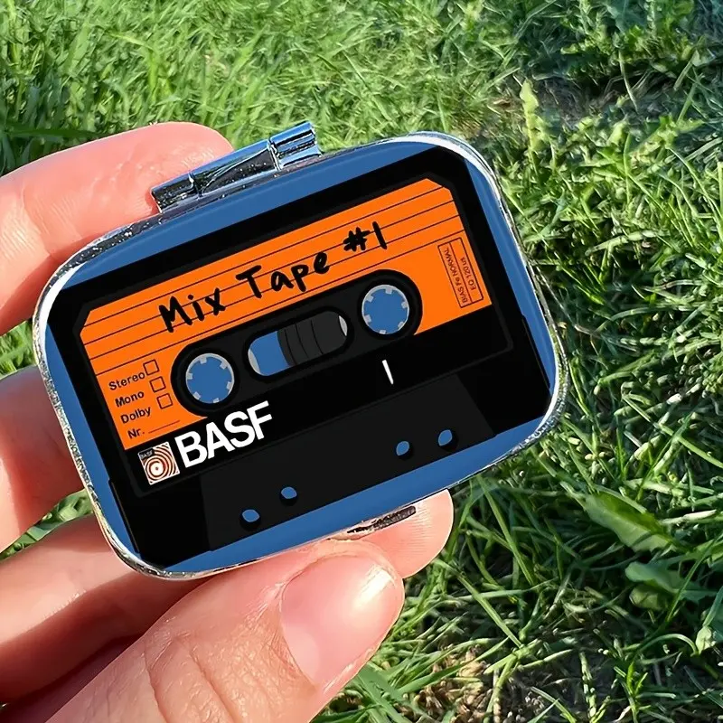 Retro Mix Tape Design Pill Case, 2-Compartment Portable Plastic Organiser for Daily Meds, Vitamins, Supplements, Vitamin Organizer, Vitamin Dispenser, Ideal Gift for Music Fans