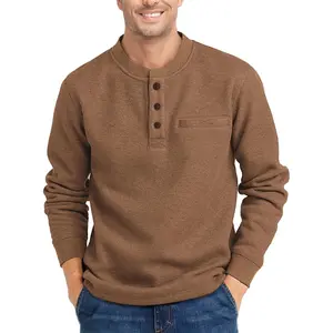 Henley Long Sleeve Shirts for Men Waffle Thermal Fashion Casual Tee Shirt Three Button Pullover with Pocket