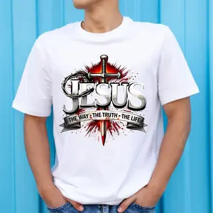 Vibrant Red Jesus "The Way The Truth" Design Print with Bold Text, Sword & Crown – DTF Direct-to-Print Ready-to-Press Accessory for T-Shirts (Printmaking & Embossing DIY Supply)