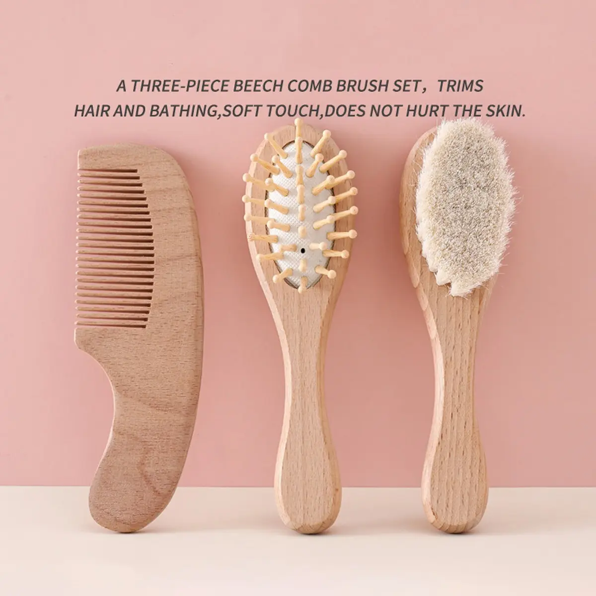 Baby Newborn Infant Hair Brush Set, Natural Wooden Comb Trio, Round Tooth Comb & Cushion Comb, Soft Touch, No Skin Irritation, for Trimming Hair and Bathing, Babies Kit