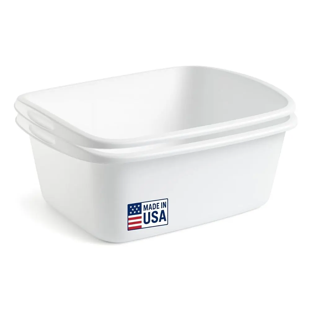 Tribello Heavy Duty Plastic Dishpan, 2 Pack, 12-Quart Kitchen Sink Wash Basin for Washing, Foot Soaking, and Storage - White or Red