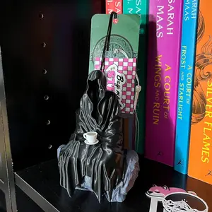 Spill the Tea Bookmark Holder Bookshelf Decor - Seated Hooded Ghost Figurine and Tea Cup - 3D Printed Bookish Decor
