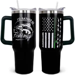 Fishing Gifts for Men, I'd Rather Be Fishing 40 oz Fishing Tumbler with Handle and Straw and Leak Proof Lid, Reusable Stainless Steel Insulated Fishing Coffee Mug, Gifts for Fisherman