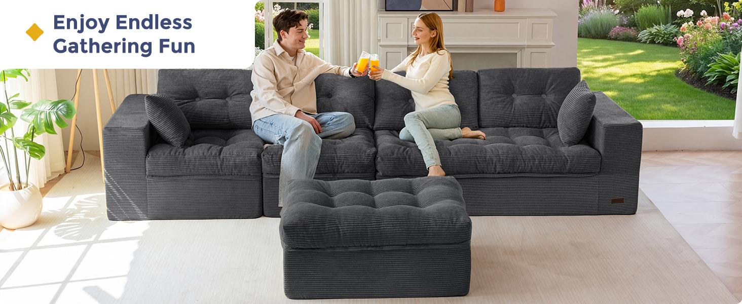 MAXYOYO 132" L Shaped Modular Sectional Sofa with Ottoman, Cloud Boneless Couch with Layered Cushion, Upholstered Sofa in a Box, Flexible Module Combination for Living Room, No Assembly