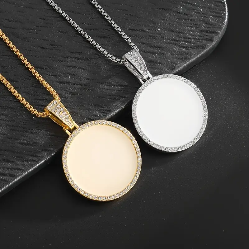 Unisex smooth round pendant necklace, alloy round pendant with shiny decorative stone frame in gold and silver colors, everyday wear necklace, not customizable