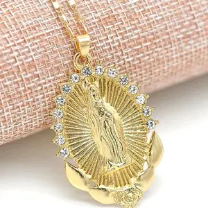 Unisex Gold Tone Stainless Steel Mary Pendant with Cubic Zirconia and 20" Chain Religious Jewelry