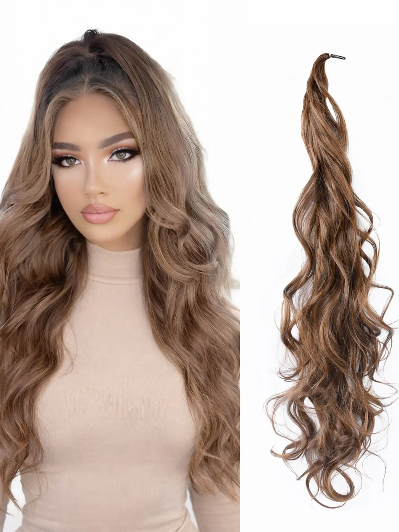 Ponytail Extension Flexible Wrap Around Ponytail Synthetic Curly Wavy Fake Hair Extensions 32 Inch Long Curly Pony Tails Hair Extensions Wavy Hair Ponytails Lightweight Hairpieces For Women Daily Use (Light Brown)