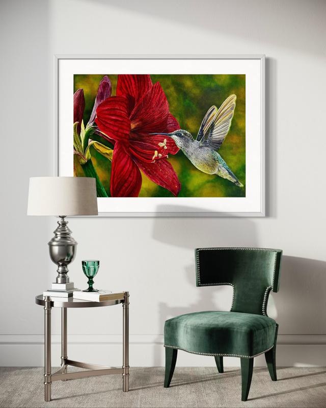 Soul of the Desert Watercolor Painting Featuring Red Flower & Hummingbird Artwork