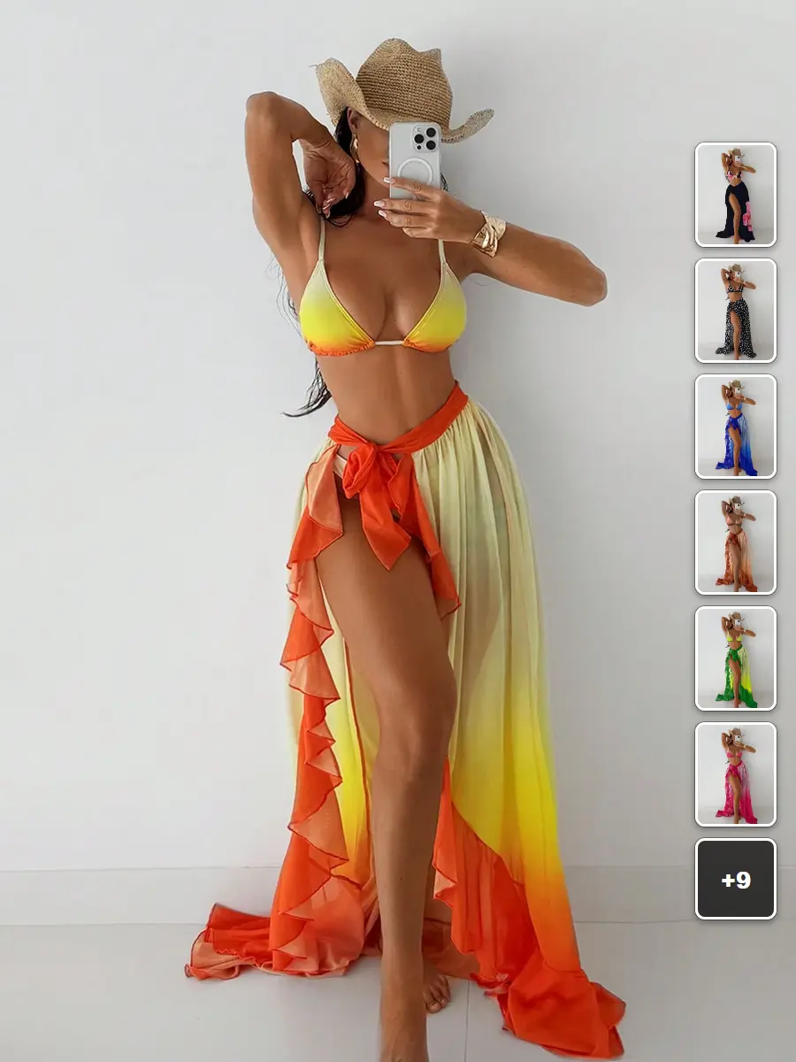3 Piece Swimsuit Set Pink Floral Halter Mermaid Maxi Skirt Beach Vacation