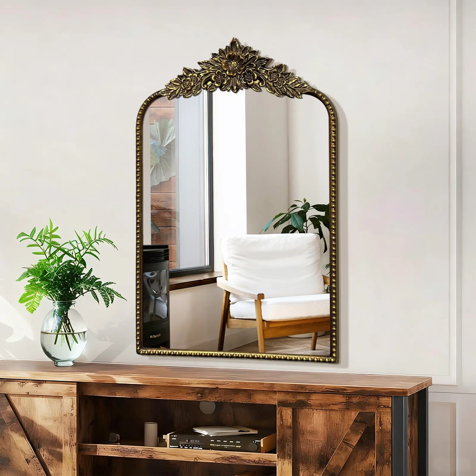 Large Size Antique Look Decorative Square Wall Mirror - Retro Black Flower Frame, Elegant Decoration for Living Room, Bathroom Vanity & Multiple Rooms (25x16 in)