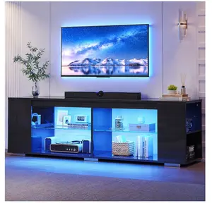 LED TV Stand for TVs up to 80", Gaming Entertainment Center with Side Bookshelf and 4 Open Shelves, Black