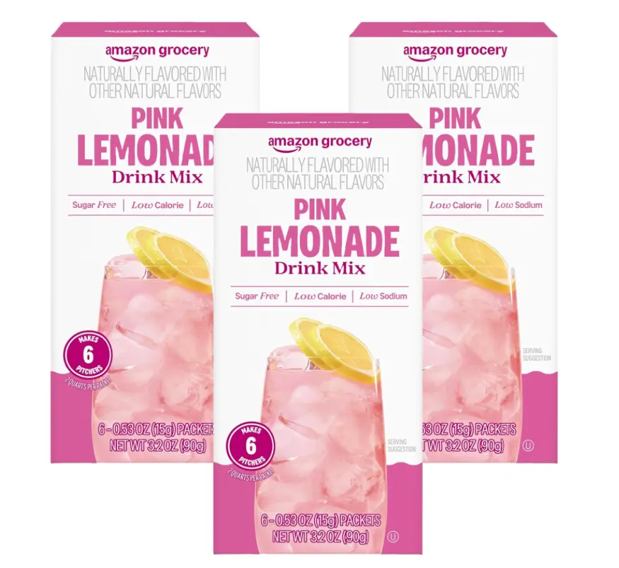 Amazon Grocery, Pink Lemonade Drink Mix, 6 Packets, 3.2 Oz (3 Boxes, 18 Packets Total)