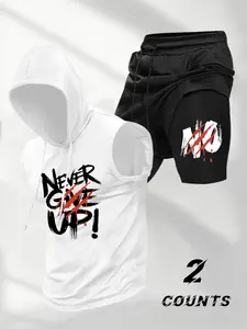 Men's Camo Hooded Sleeveless Set, Loose Fit Two-Piece Workout Shorts, Street Style Fitness Training, No Zipper, Without Collar