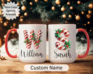 Personalized Christmas Mug, Custom Initial Candy Cane Cup, Holiday Coffee Gift, Name Monogram Xmas Mug, Stocking Stuffer Idea