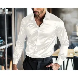 Glossy Men's Mercerized Cotton Solid Color Draped Long Sleeve Shirt Business High-Quality Men's Shirt Menswear Top Beige Plain Wetsuit White
