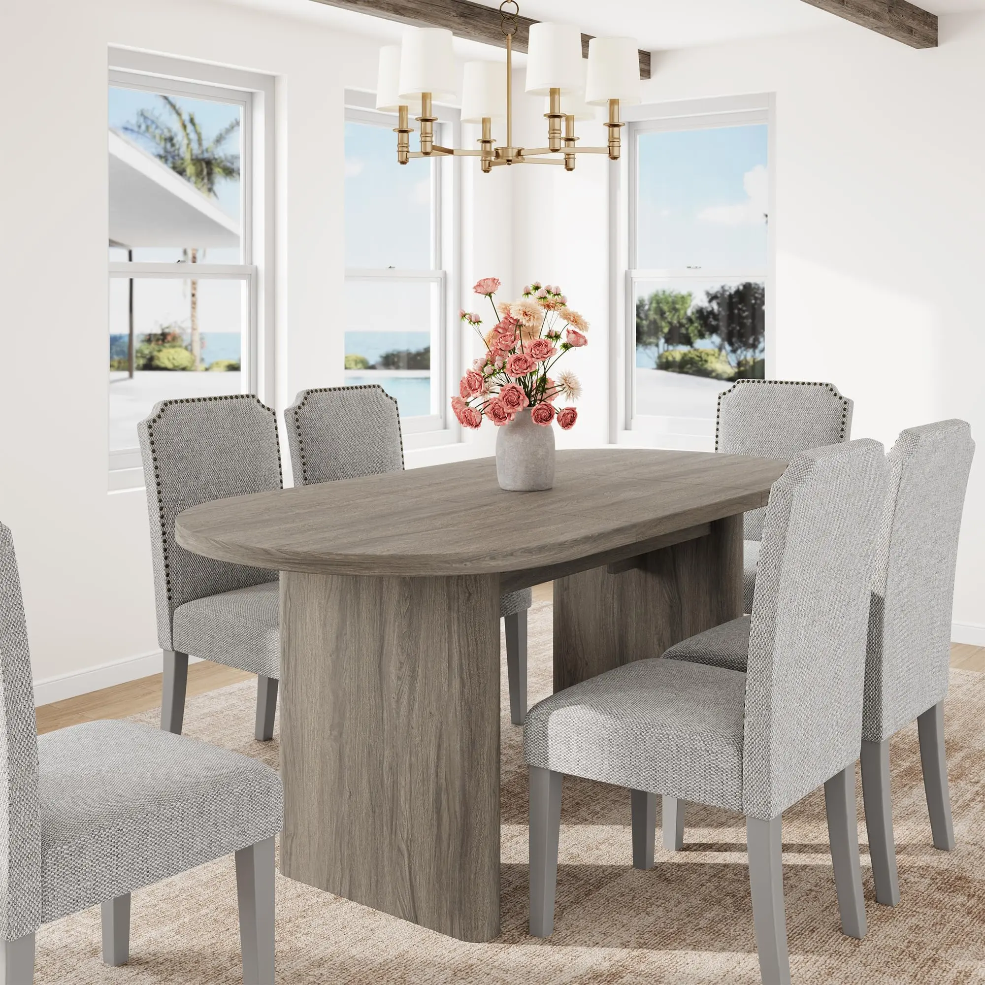 Garvee Elegant Modern Oval MDF Dining Table - 63"d x 31.5"w x 29.9"h Grey Walnut Finish, Scratch Resistant, Stable Thick Pedestal Base, Farmhouse Style, Assembly Required, for Dining Room Family Gatherings (Seats 6-8)