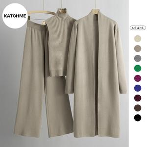 KatchMe Women's Three-Piece Set Solid Turtle Neck Tank Top & Wide Leg Trousers & Open Front Long Cardigan Set, Women Clothes for Fall & Winter