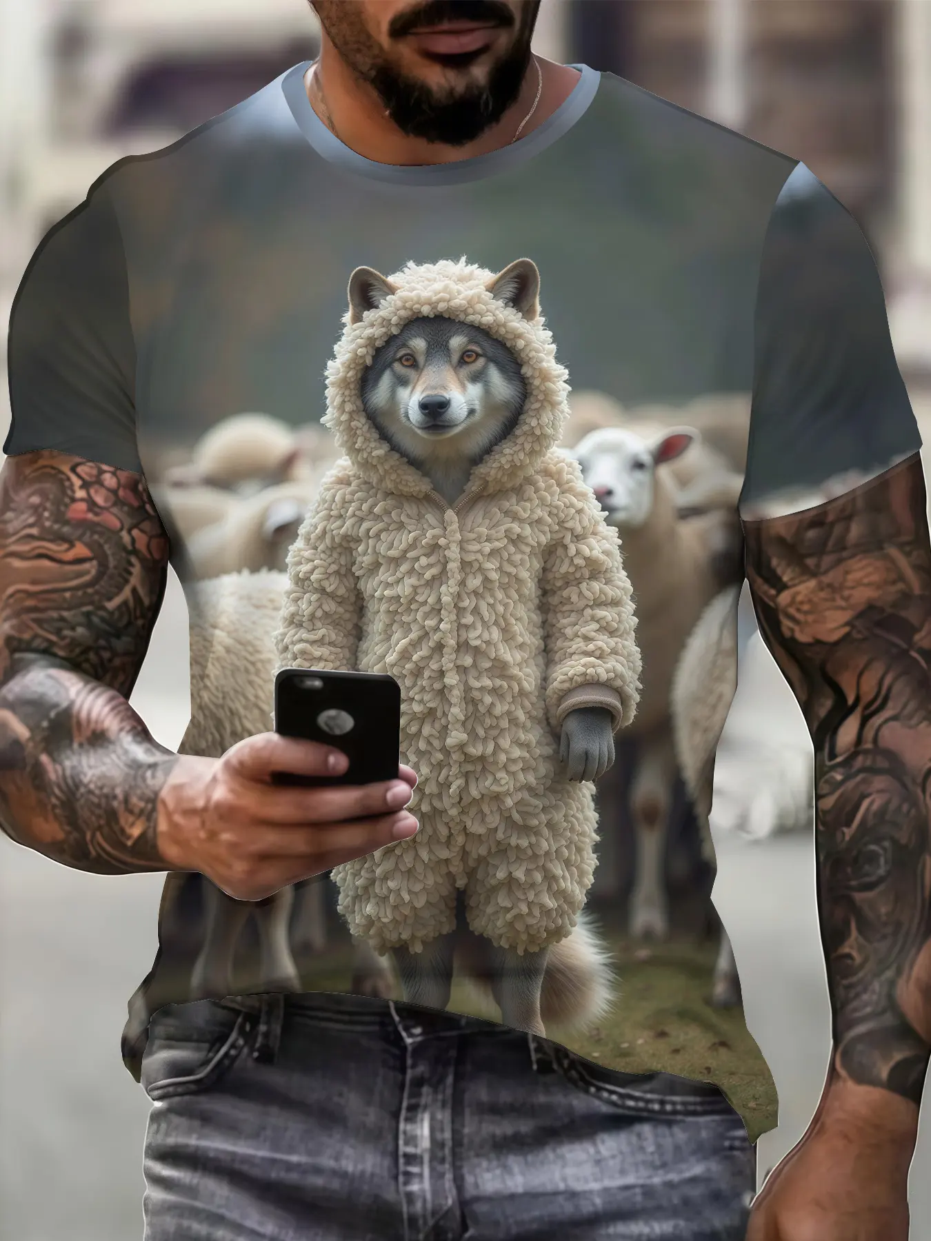 A Trendy Summer Short-Sleeve Shirt for Men, Featuring a Digital Print of a Wolf in Sheep'S Clothing, Stylish And Breathable