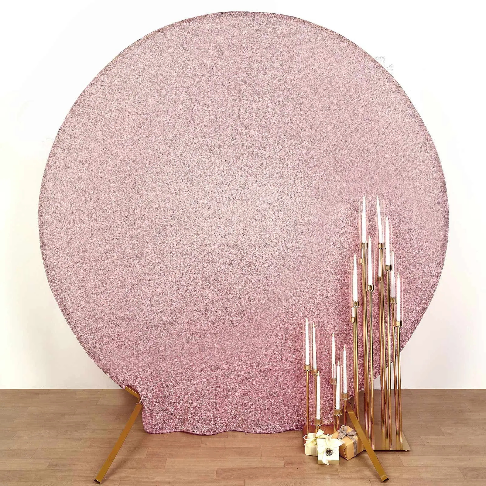 Rose Gold Stretch Tinsel Spandex Party Photo Backdrop, 2-Sided Round Shape 7.5ft Round Wedding Arch Cover
