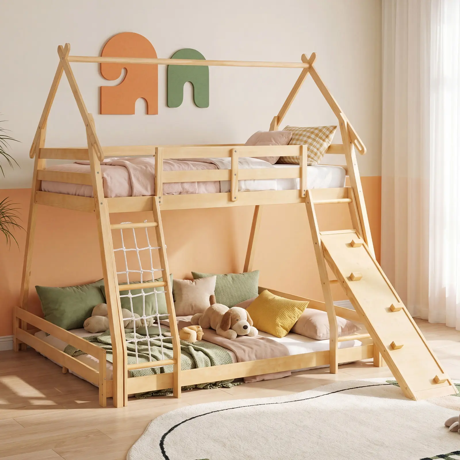 DUMOS Fun Playful Pine Wood Twin Over Full Double Bunk Bed - Sturdy House-Shape Low Elevated Frame, Load-Tested Safety Guardrails, Ladder, Climb Net, Climbing Ramp, Roof, Full Story Design for Bedroom, Wood Color, Unisex