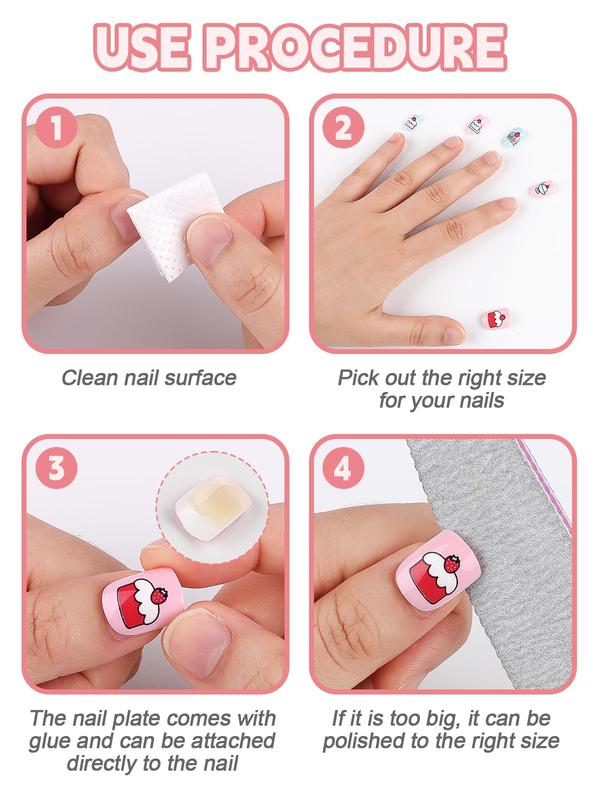 Kalolary 144PCS kids False Nail, Press on Pre-glue Full Cover Candy Pattern Short False Nail Kits,6Pack Press on Nails for Candy Child Nail Tips ,Holiday Gifts Lovely Gift for Kids Little Girls Nail Art Decoration Mommy & Me Valentine Nails Kit