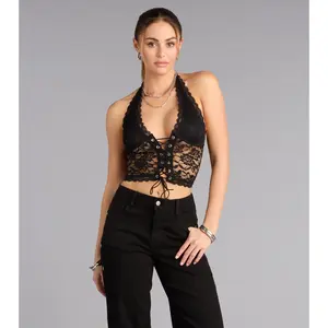 Midnight Desire Lace Up Halter Crop Top