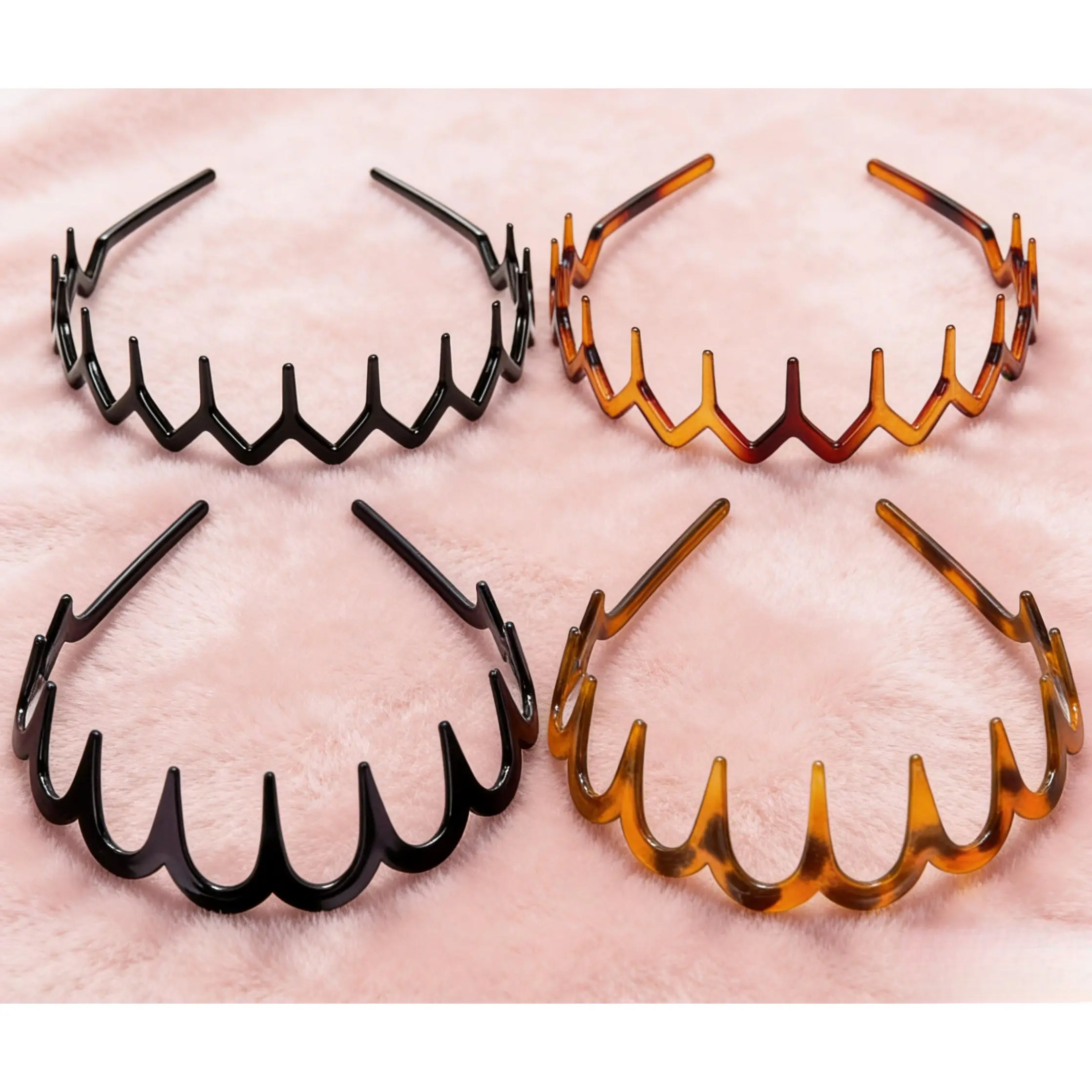 Wavy Plastic Zig-Zag Headbands with Hoop Accessory & 4-Piece Tooth Hair Comb Set - Headbands for Women with Scalp Relief, Easter Gift (Black/Amber), Four-Piece