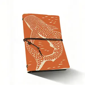 A6 Composition Notebook, 80 Sheets Vintage Paper, Whale Shark Design, Metal Leaf Decor, Tethered Closure, Perfect for Notes and Sketches