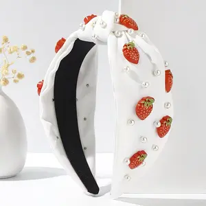 Strawberry & Pearl Knotted Headband – Whimsical White, Girls’ Accessory