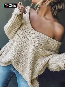 Women's Basic Plain Solid Drop Shoulder V Neck Fitted Sweater, Casual Long Sleeve Jumper for Spring & Fall, Fashion Women's Knitwear for Daily Wear Womenswear
