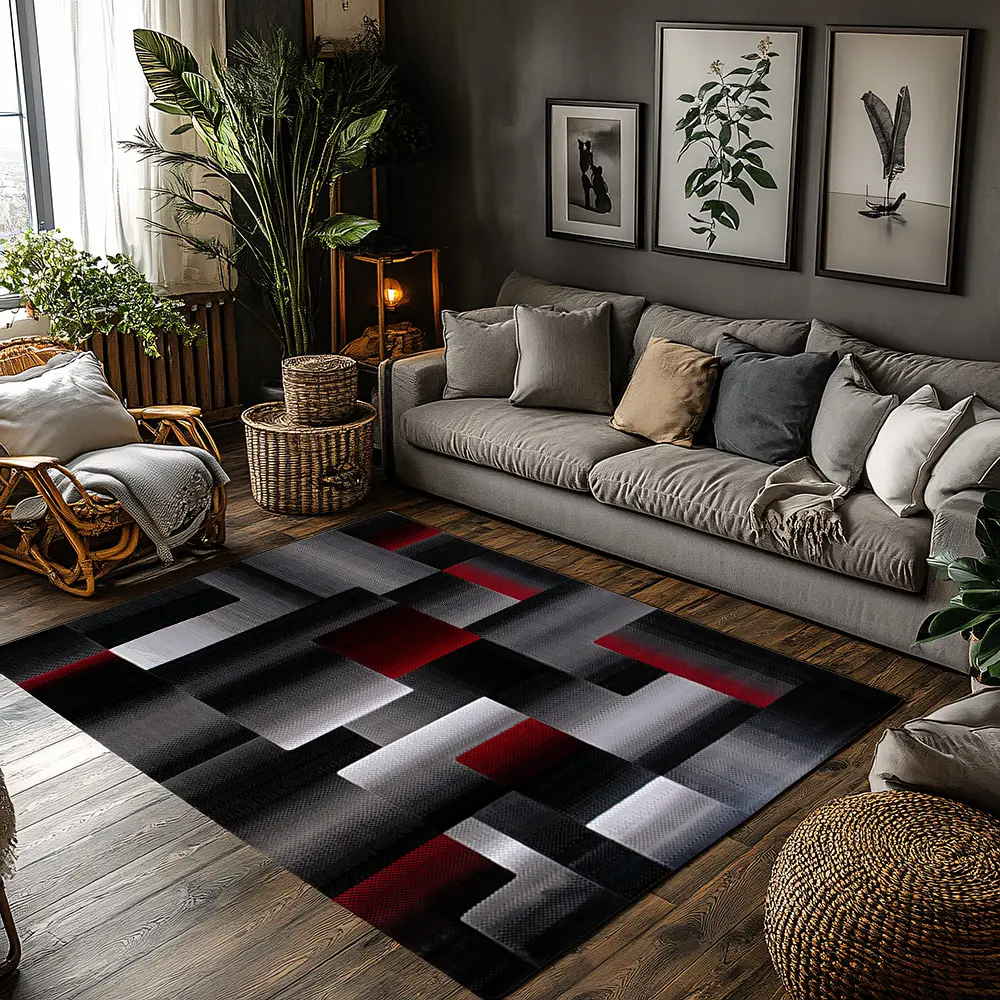 Black Red Gray Geometric Gradient Crystal Velvet Area Rug Non‑Slip Modern Living Room Rug Geometric Area Rugs Decorative Area Rug Geometric Design Rug#GeometricGradientRug #ModernHomeDecor #BlackRedGrayRug #AbstractBlockCarpet #CrystalVelvetRug