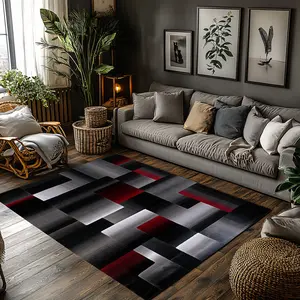 Black Red Gray Geometric Gradient Crystal Velvet Area Rug Non‑Slip Modern Living Room Rug#GeometricGradientRug #ModernHomeDecor #BlackRedGrayRug #AbstractBlockCarpet #CrystalVelvetRug