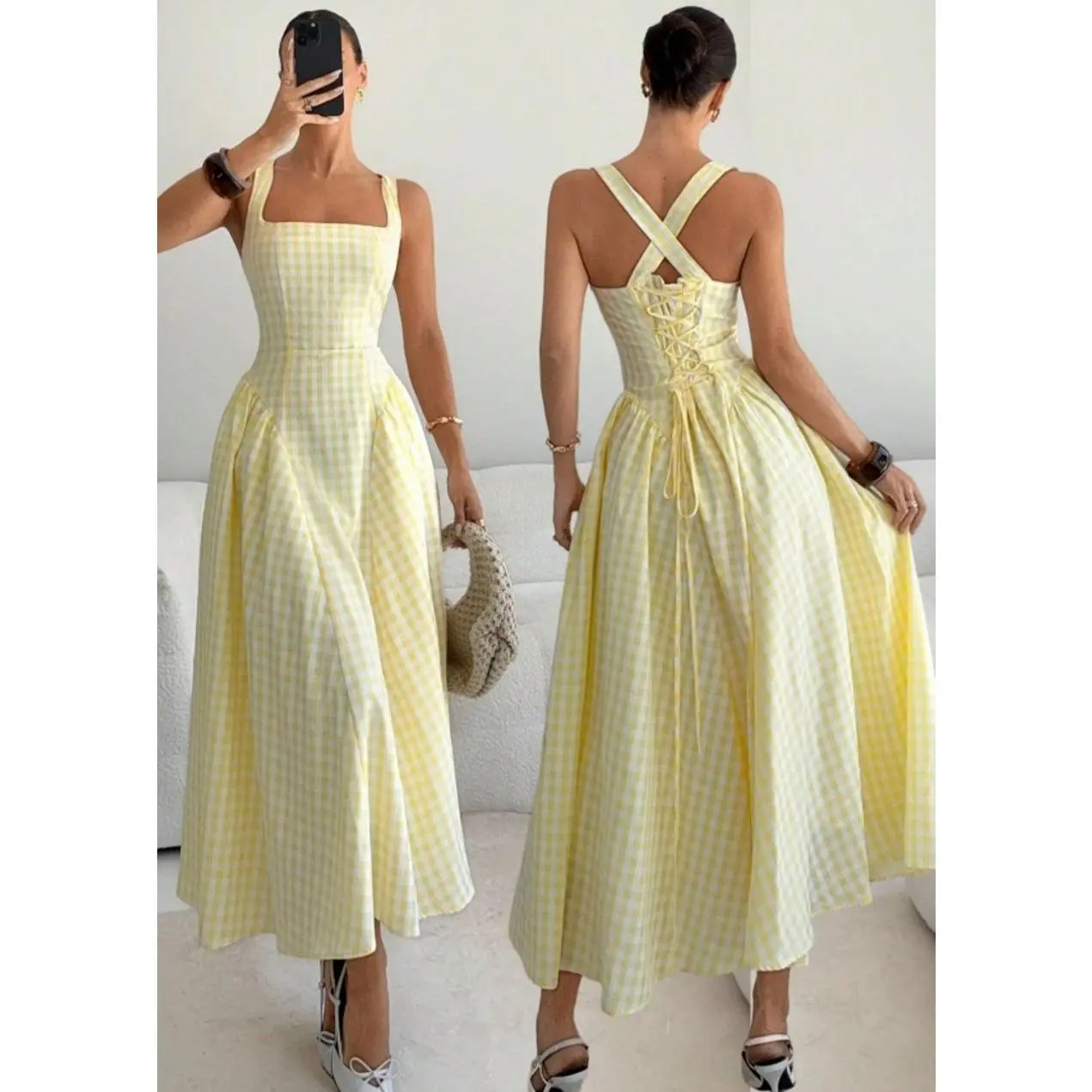 Women's Gingham Plaid Midi Dress, Square Neck Crisscross Back Sundress, Elegant Picnic Tea Party Beach Vacation Dress, Summer Flowy A-Line Dress