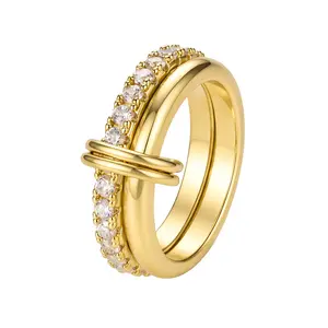 Aurem 14K Gold Plated Double Layer Stacked Ring for Women,  Pave CZ Eternity Band, Geometric Bar Link Open Ring, Hypoallergenic Jewelry