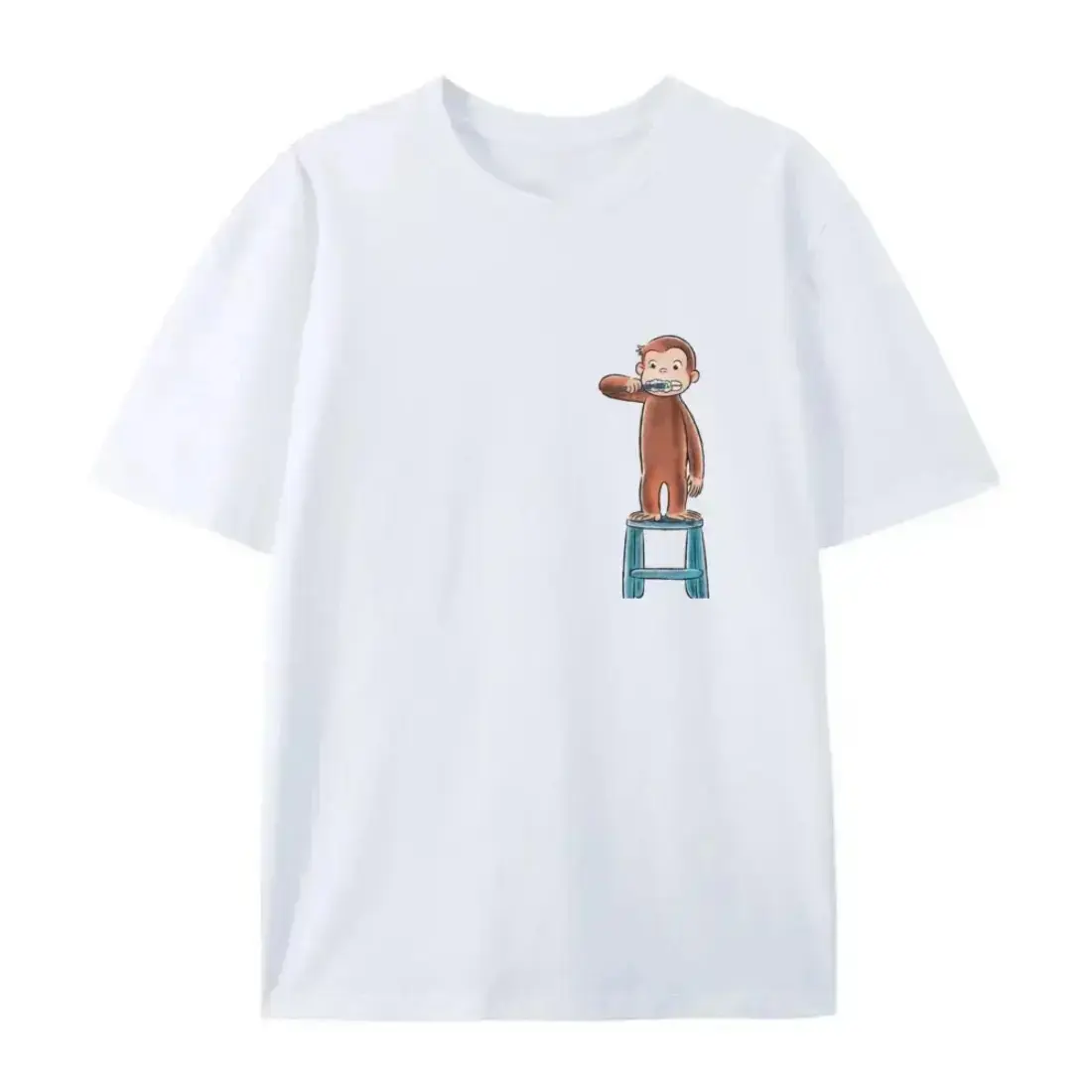 Cute Standing‑on‑Stool Brushing‑Teeth Cartoon Monkey Chest Graphic T‑Shirt Minimal Cartoon‑style Unisex Casual Street Top