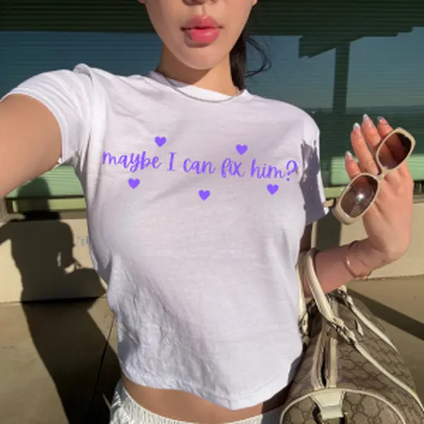 Maybe I Can Fix Him? Y2K Baby Tee 2000s 90s Aesthetic Crop Top Y2K Slogan Summer Outfit Girlcore Fitted Tee Coconut Girl Clothing Girly Tee Fabric Womenswear Cropped Tshirt