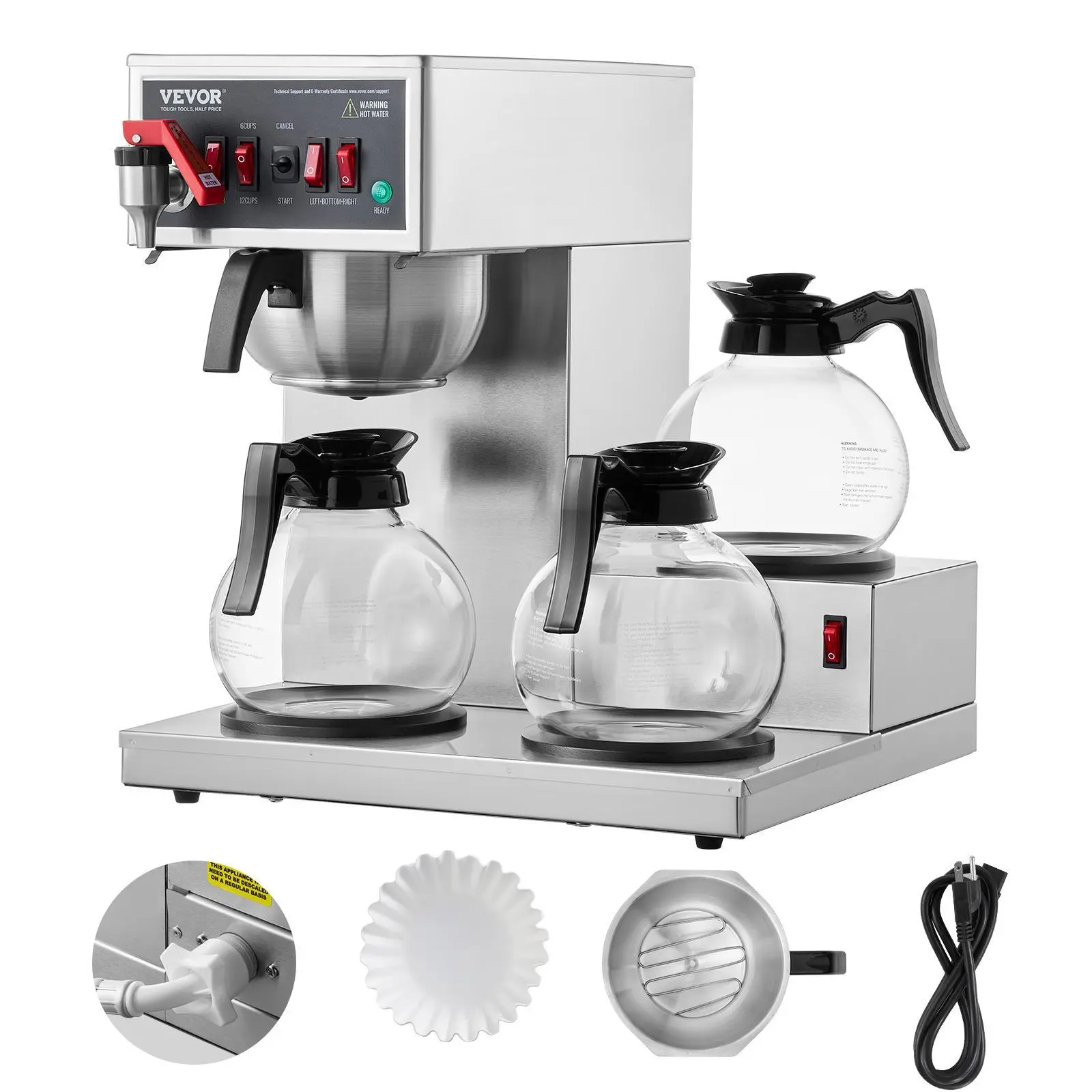 【summerfinds】VEVOR 12 Cups Commercial Drip Coffee Maker, Coffee Maker Machine with 3 Glass Carafes and 3 Warmer Plates, Stainless Steel Pour Over Coffee Brewer for Restaurant, Office, Cafe