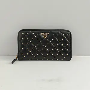 Pre-owned PRADA lambskin Mini Bags Quilted Studded Zip Around Black Wallet